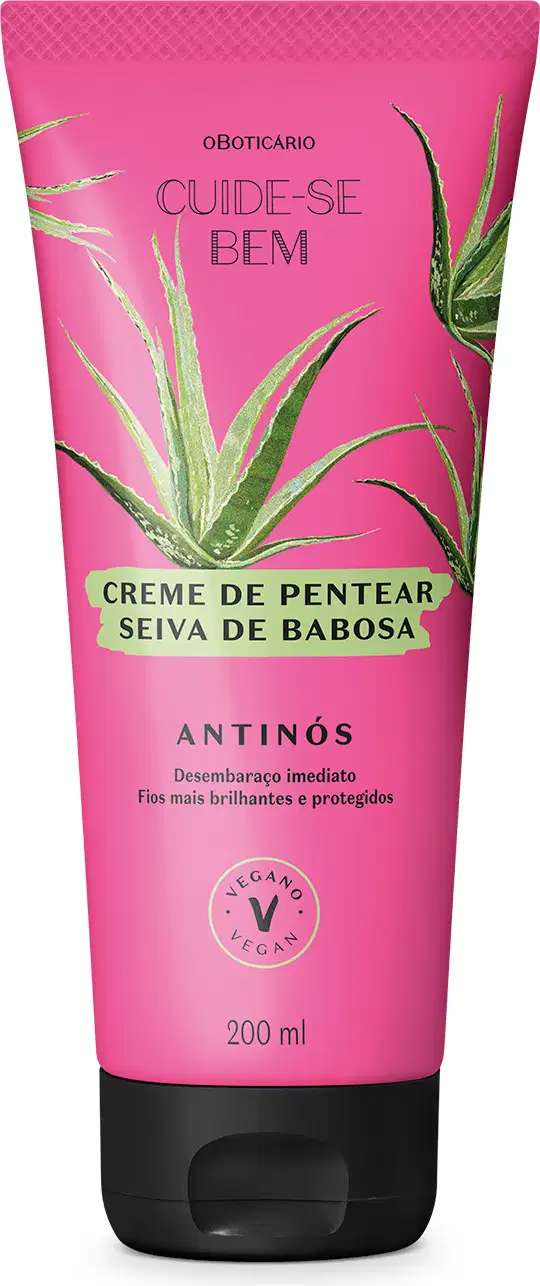 Frasco na cor rosa com tampa preta e ilustração de folhas de babosa contendo 200ml de creme de pentear Seiva de Babosa da marca Cuide-se Bem Feira.