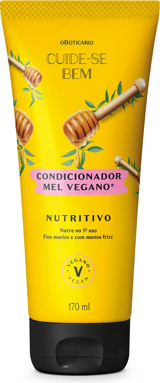 Frasco amarelo com tampa preta e ilustrações de palitos de madeira com mel e folhagens contendo 170ml de condicionador vegano Mel Cuide-se Bem Feira.