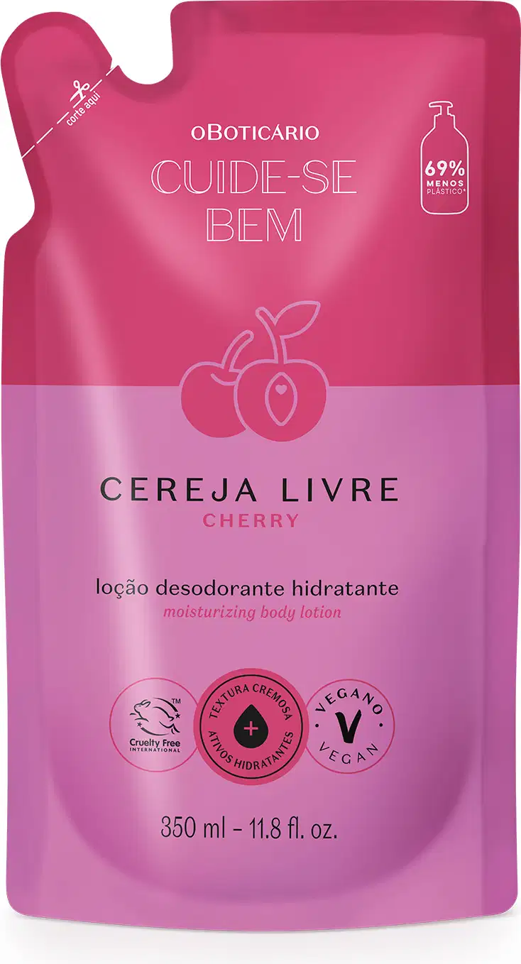 Refil de loção hidratante corporal Cuide-se Bem Cereja Livre em sachê de 350ml nas cores rosa e roxo com cerejas ilustradas.