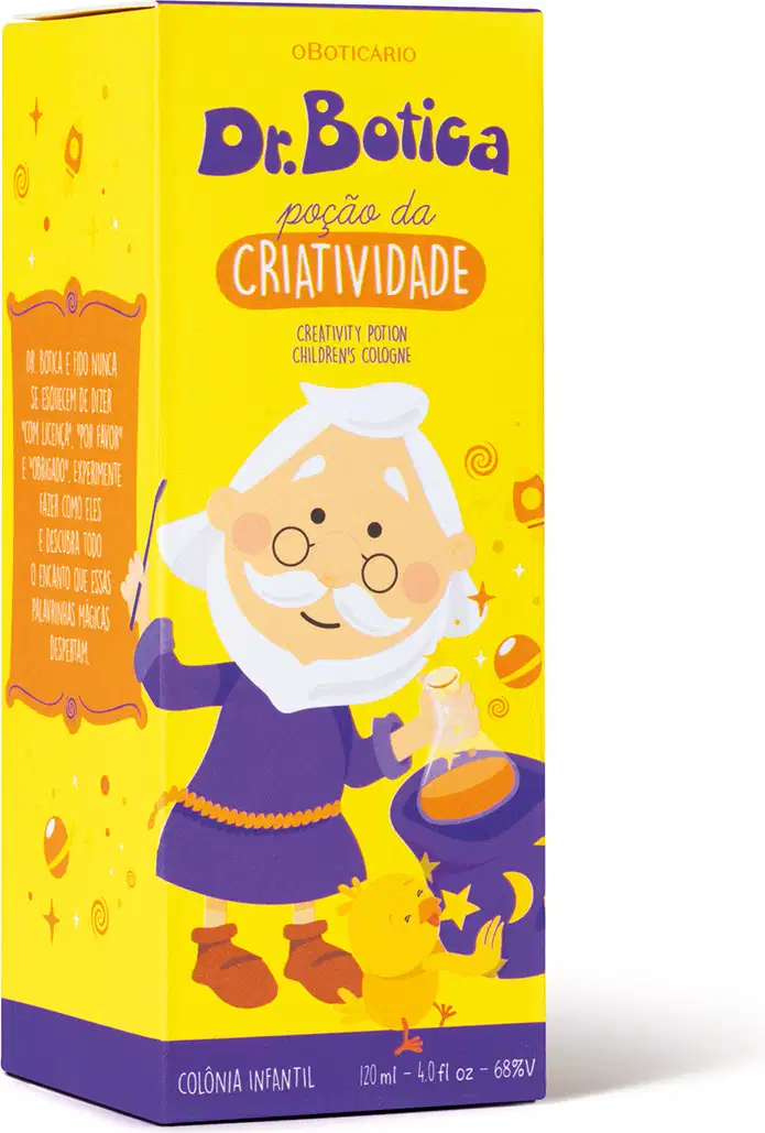 Caixa amarela e roxa da linha Dr. Botica, contendo colônia infantil Poção da Criatividade Dr. Botica com ilustração de personagem da marca,