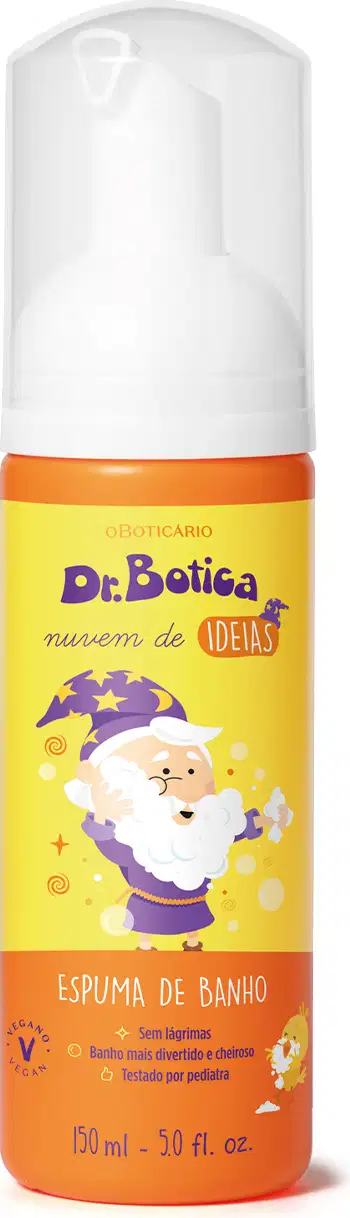 Espuma de banho corporal Nuvem de Ideias Dr. Botica em frasco de 150ml com tampa branca e rótulo amarelo e laranja com ilustração do personagem da marca e logo em letras azuis.