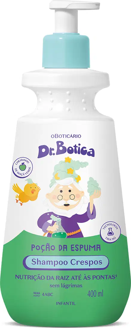 Imagem de um frasco branco com tampa dosadora azul e rótulo em verde com ilustração do personagem da marca Dr. Botica, contendo 400ml de shampoo infantil para cabelos crespos.