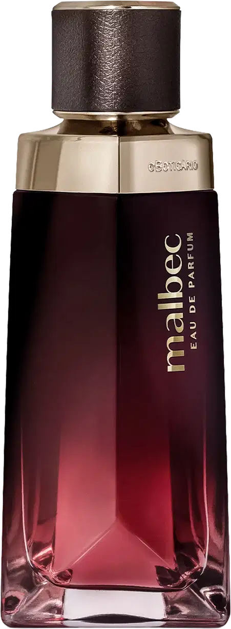 Frasco de perfume Malbec com design elegante em tons de vermelho e dourado, contendo líquido de cor rosada. O rótulo exibe o nome da marca em destaque.