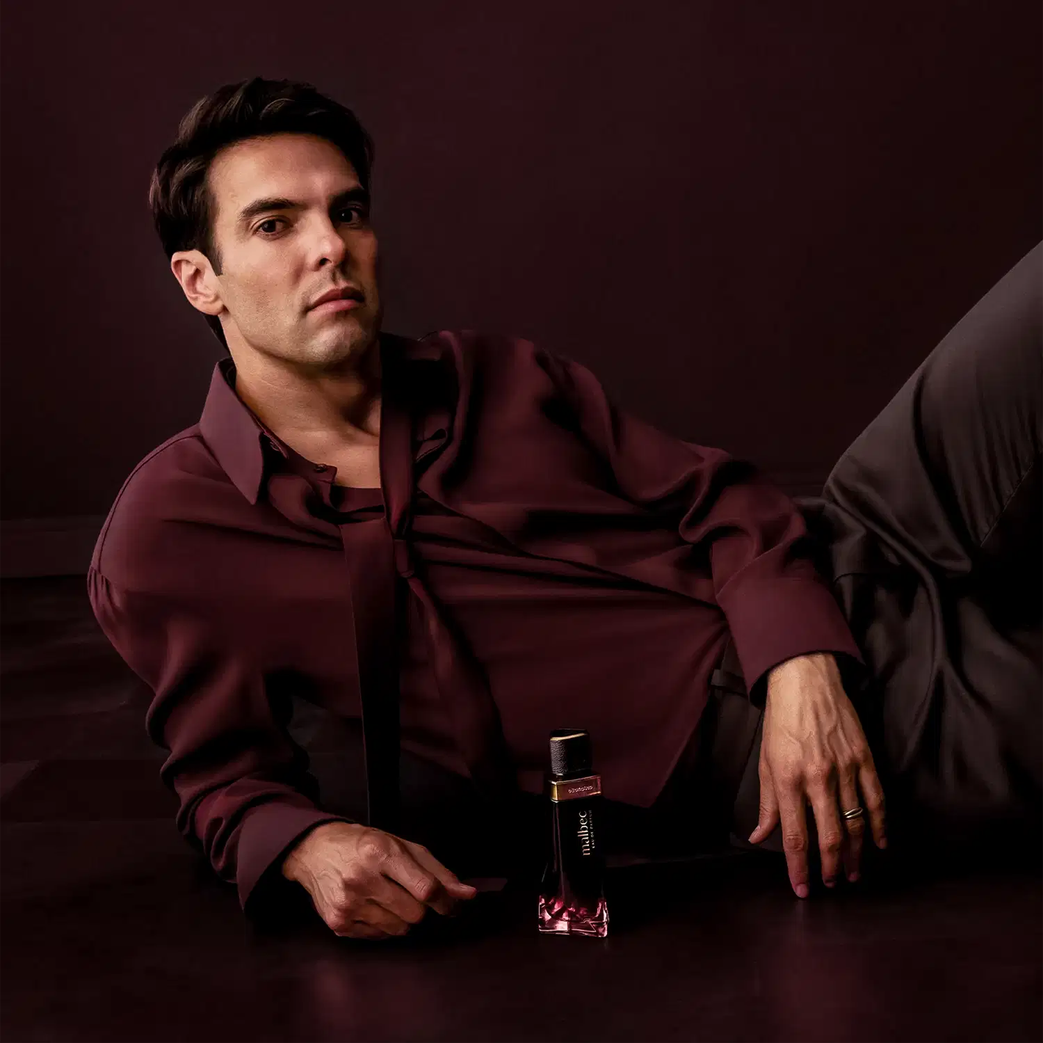 Ambiente escuro e dramático, com predominância de tons de vinho, destacando uma garrafa da marca Malbec, sugerindo um contexto de sofisticação e elegância.