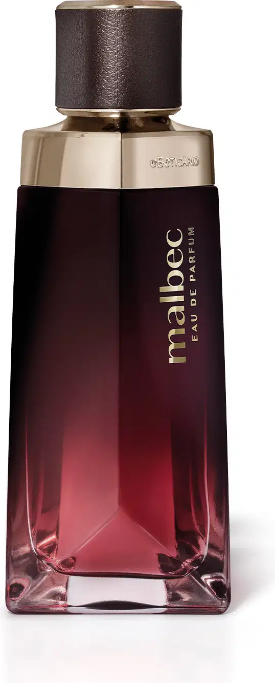 Frasco de item de perfumaria da marca Malbec, com formato retangular, em tons de marrom e vermelho, com rótulo dourado destacando o nome da marca.