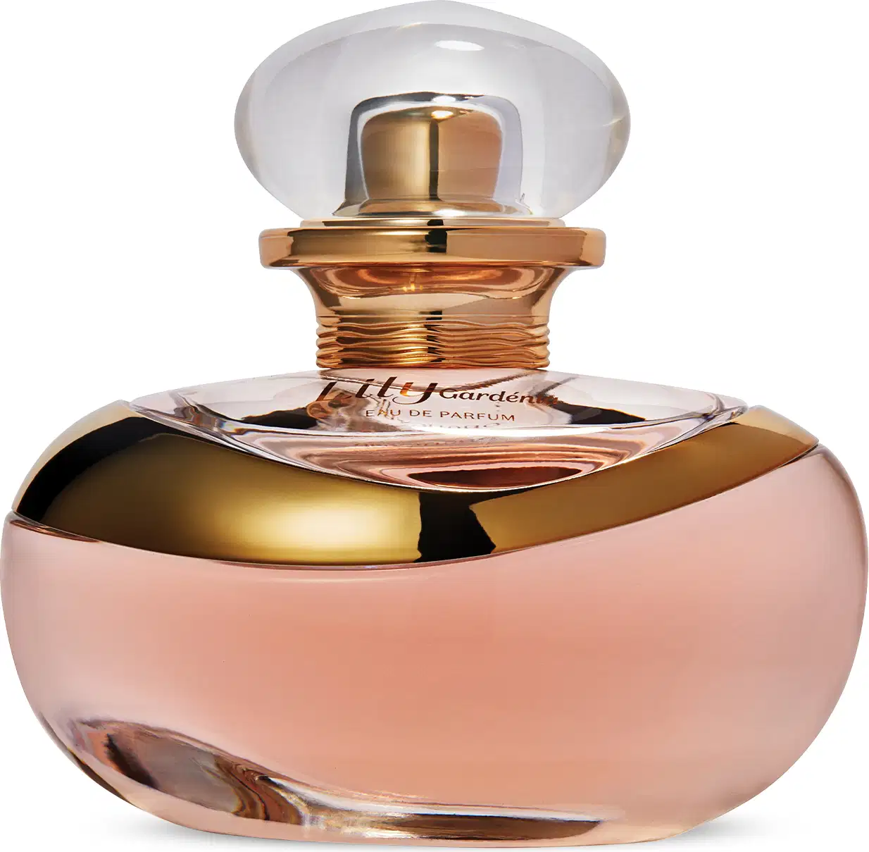 Vidro de formato arredondado e cor rosa com detalhes e pulverizador rosa metálico e tampa transparente contendo 75ml de Eau de Parfum Lily Gardênia.