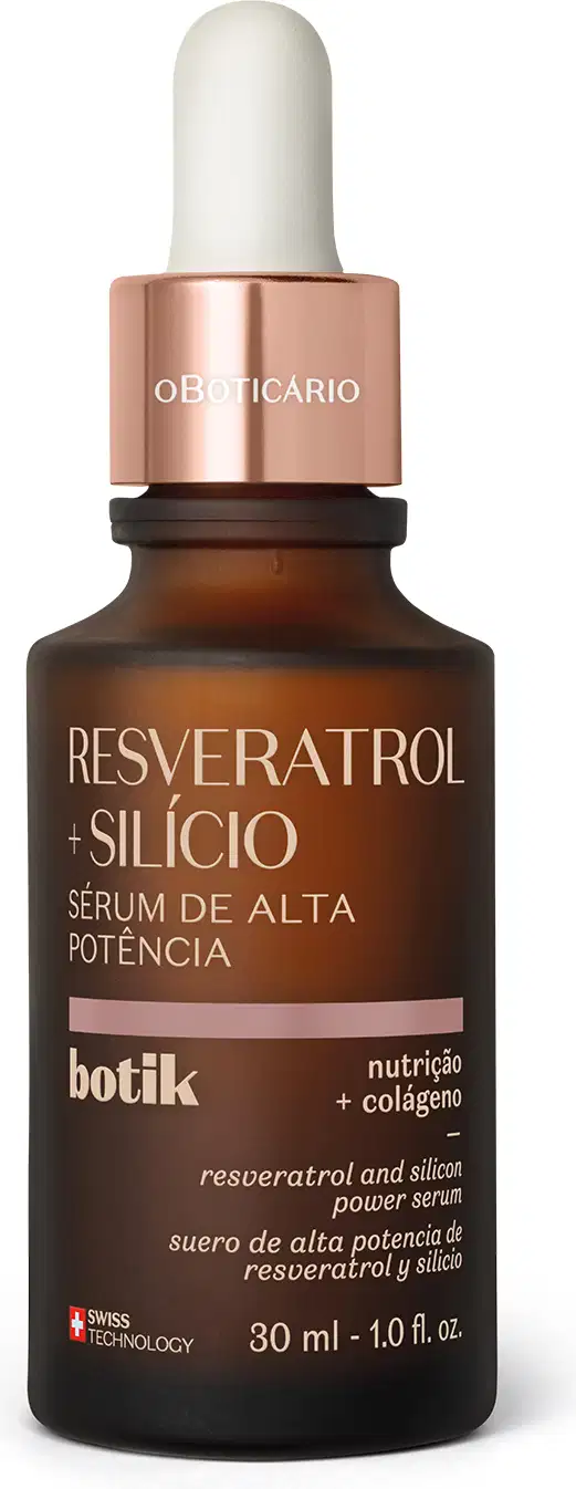 Frasco marrom com tampa dourada, conta-gotas branco e letras amarelas contendo 30ml de sérum de alta potência Botik Resveratrol e Silício.