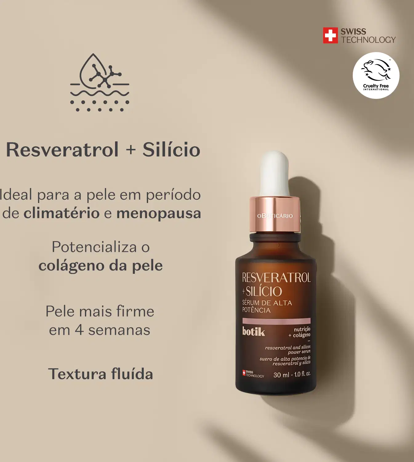 Frasco marrom com tampa dourada, conta-gotas branco e letras amarelas de sérum de alta potência Botik Resveratrol e Silício em fundo cinza com letras pretas informando os benefícios dos ingredientes principais: resveratrol e silício.