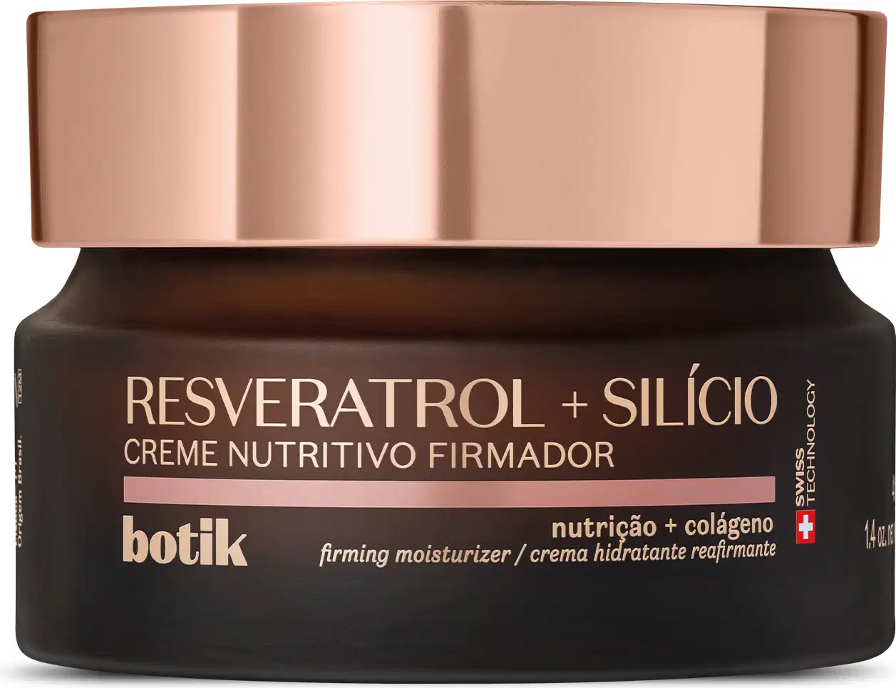 Pote marrom com tampa dourada e letras amarelas contendo 40g de creme nutritivo firmador Botik Resveratrol e Silício.