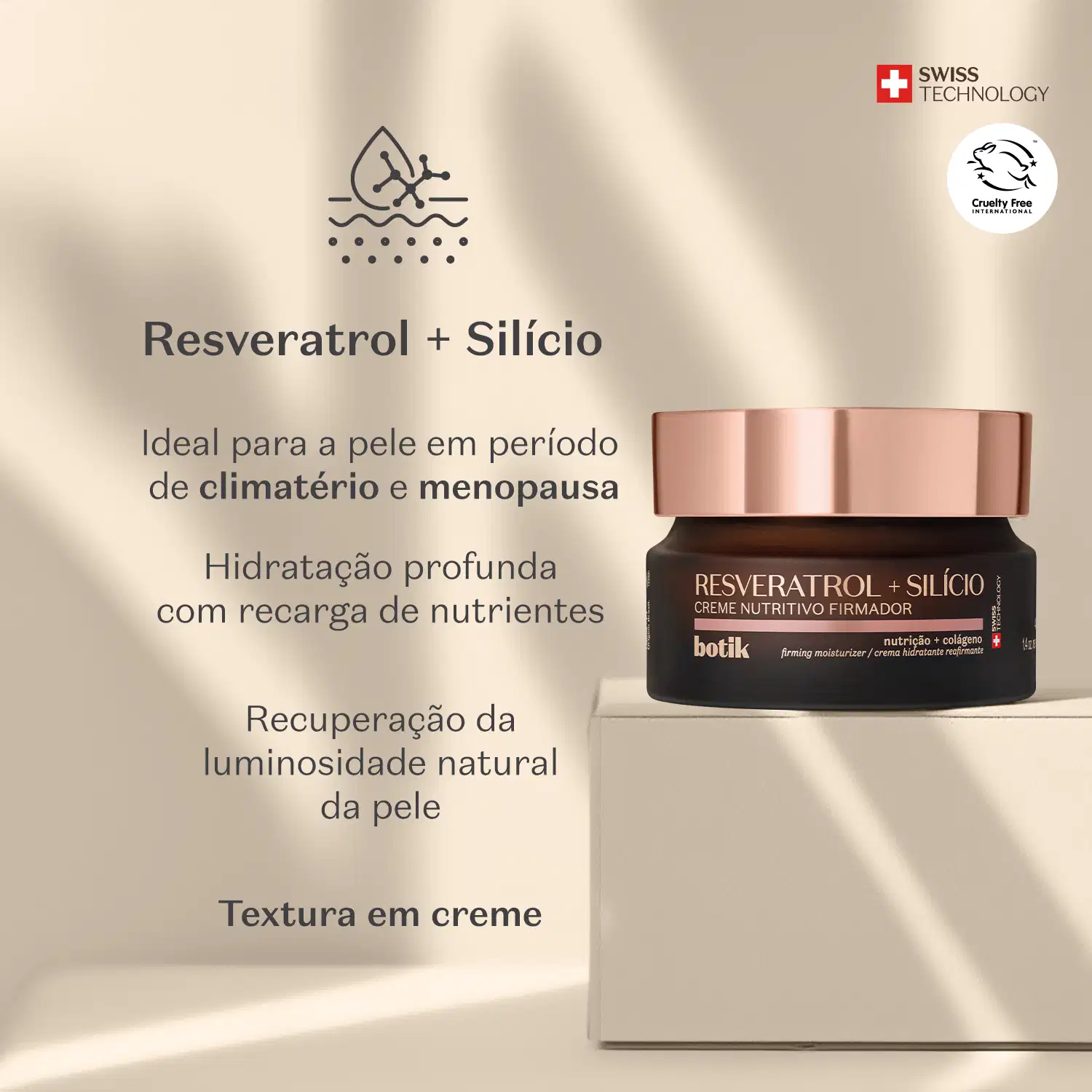 Pote marrom com tampa dourada e letras amarelas de creme nutritivo firmador Botik Resveratrol e Silício em fundo claro com letras pretas informando os benefícios dos ingredientes principais: resveratrol e silício.