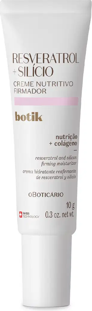 Bisnaga branca com letras marrons e detalhe cinza contendo 10g de creme nutritivo firmador Botik Resveratrol e Silício.