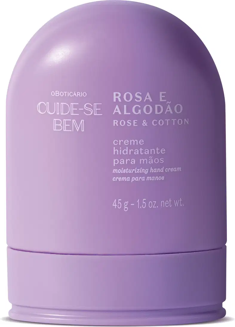 Frasco roxo com cantos arredondados e letras na cor lilás contendo 45g de creme hidratante para mãos Cuide-se Bem Rosa e Algodão.