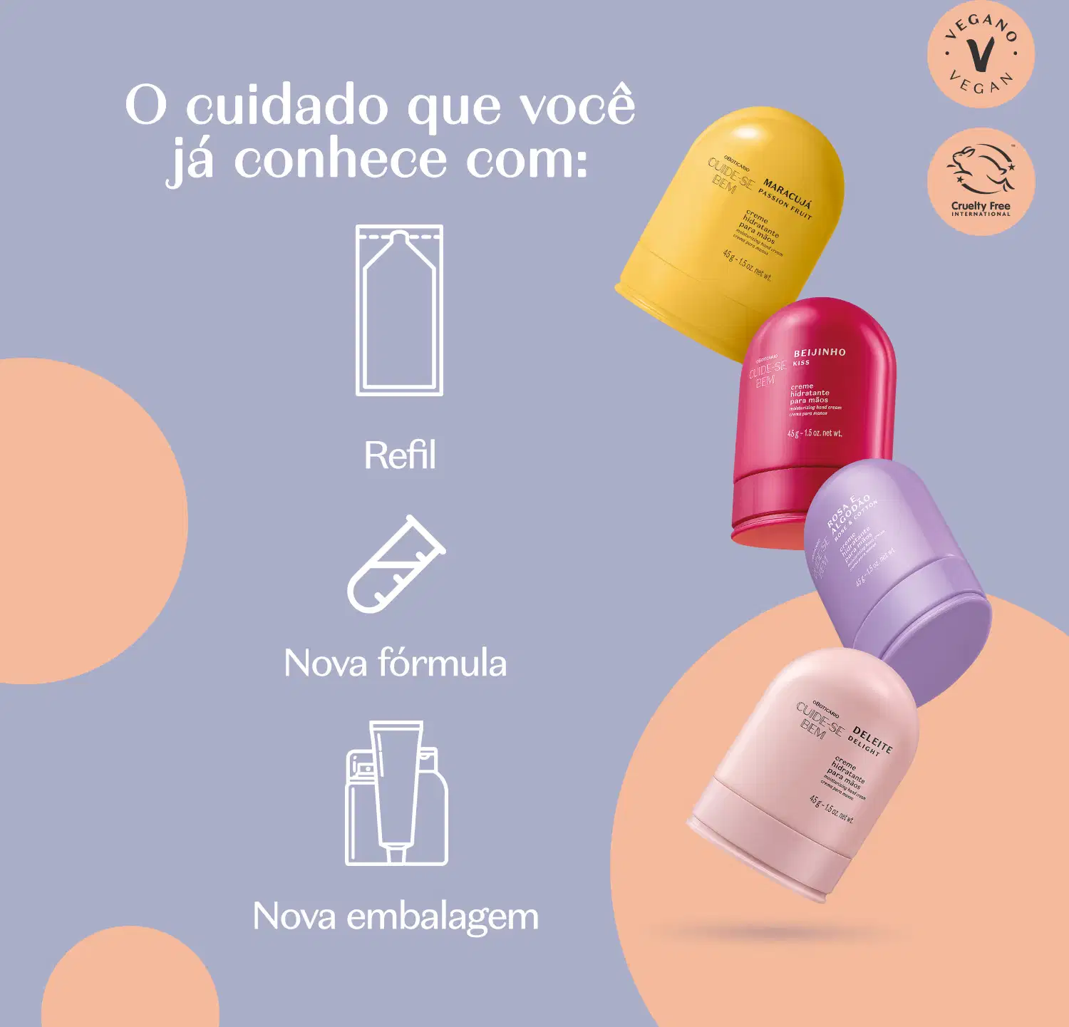 Diversas embalagens com cantos arredondados de creme para as mãos de diferentes linhas Cuide-se Bem em fundo azul com círculos laranjas e letras brancas informando as características do produto.