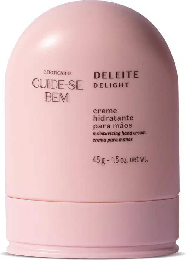 Frasco rosa claro de creme hidratante para mãos da marca Cuide-se bem Deleite em formato arredondado e letras pretas com o nome do produto em destaque.