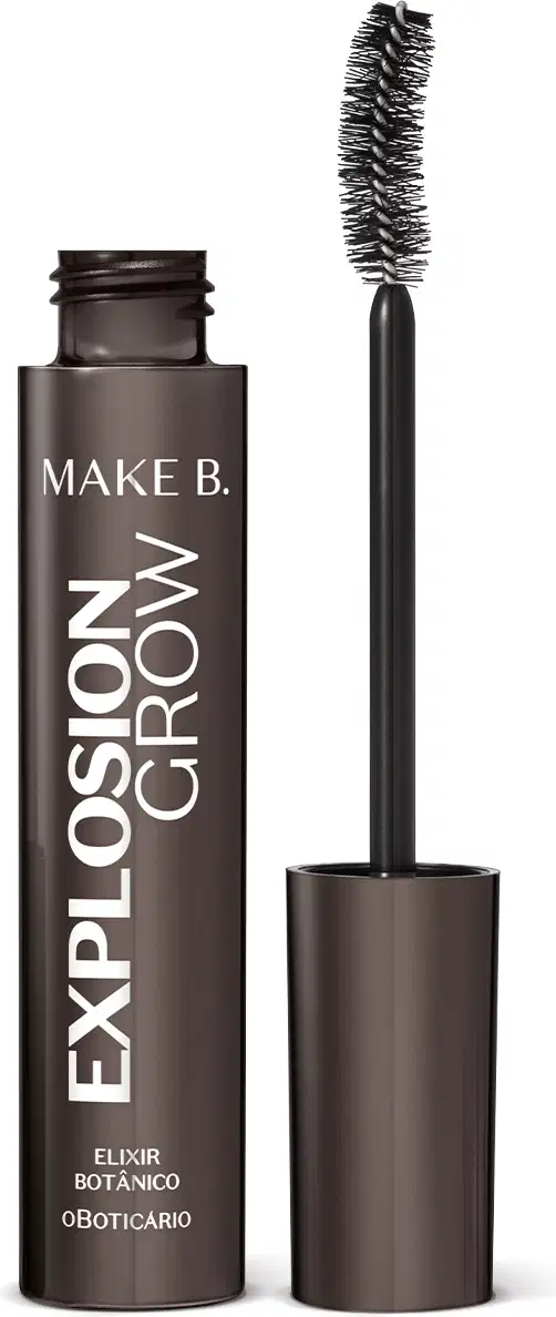 Tubo de mascara para cílios Make B. Explosion Grow com tampa e aplicador, tudo na cor preta, e letras gravadas na embalagem em letras brancas.