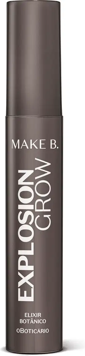 Tubo preto de mascara para cílios Make B. Explosion Grow com tampa preta e letras gravadas na embalagem em letras brancas.