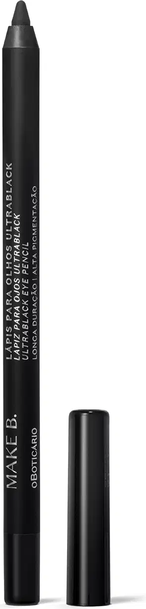 Lápis delineador de olhos preto da marca Make B. Ele tem uma embalagem cilíndrica preta com a ponta afinada para aplicação precisa. O corpo do lápis possui texto em letras brancas com o nome da marca gravada.