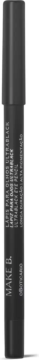Lápis delineador de olhos preto da marca Make B. Ele tem uma embalagem cilíndrica preta e o corpo do lápis possui texto em letras brancas com o nome da marca gravada.