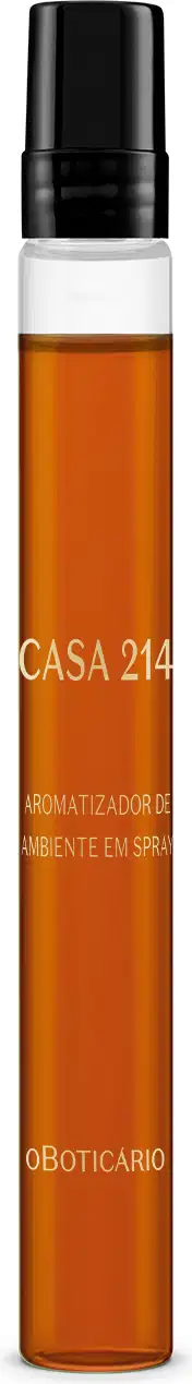 Frasco transparente de 10ml com líquido vermelho, tampa preta e letras amarelas no rótulo contendo aromatizador de ambientes em spray Casa 214 Vanilla Sublime.