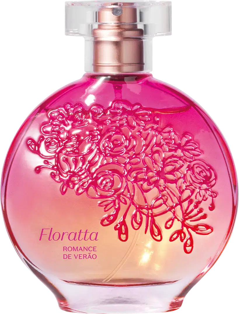 Item de perfumaria em frasco de vidro com tampa rosada. Embalagem com design floral em tons de rosa e laranja. Rótulo com o nome "Floratta Romance de Verao" em destaque.