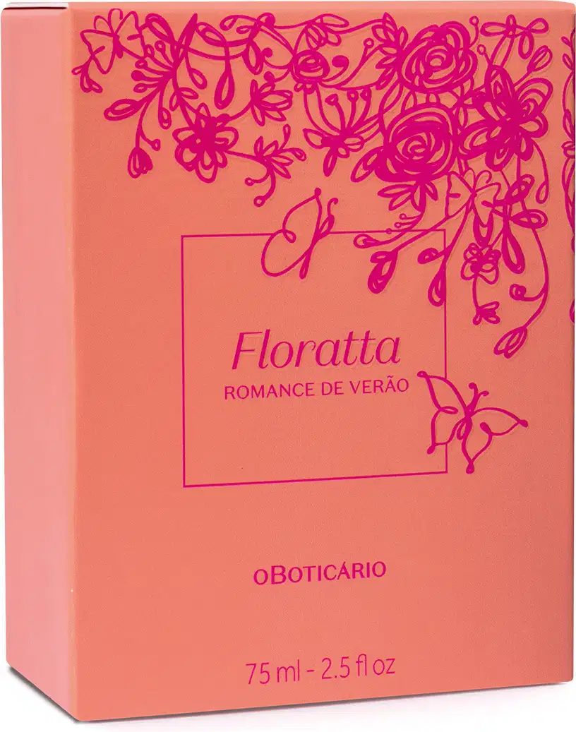 Caixa rosa com floral rosa escura contendo um vidro de desodorante colônia Floratta Romance de Verão.