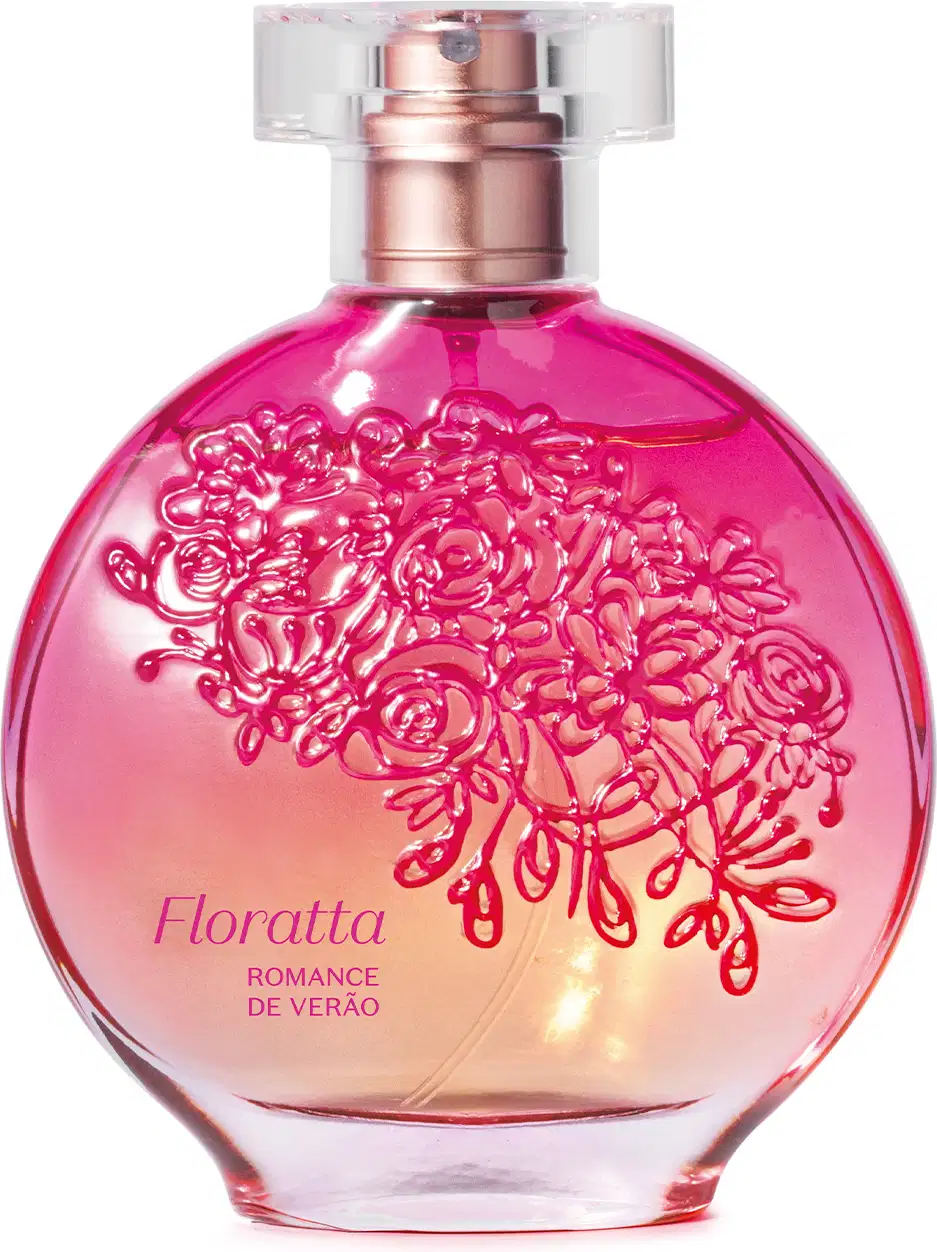 Vidro redondo com líquido rosa, floral em relevo rosa escuro, pulverizador prateado e tampa transparente contendo 75ml de desodorante colônia Floratta Romance de Verão.