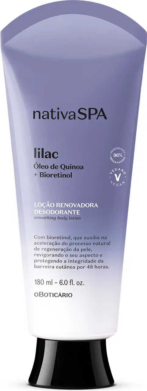 Bisnaga em degradê de lilás e branco com tampa preta e letras brancas e pretas contendo 180ml de loção renovadora hidratante corporal Nativa SPA Lilac.
