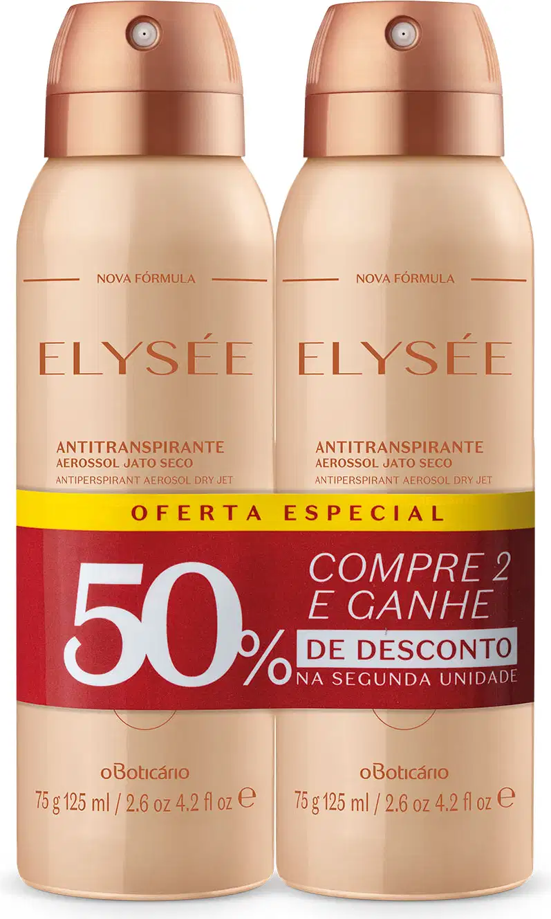 Dois frascos na cor rosa claro com tampas e letras rosa metalizado contendo, em cada um, 75g/125ml de desodorante antitranspirante aerossol da marca Elysée. Há rótulo vermelho em volta deles indicando promoção de 50% de desconto na segunda unidade.