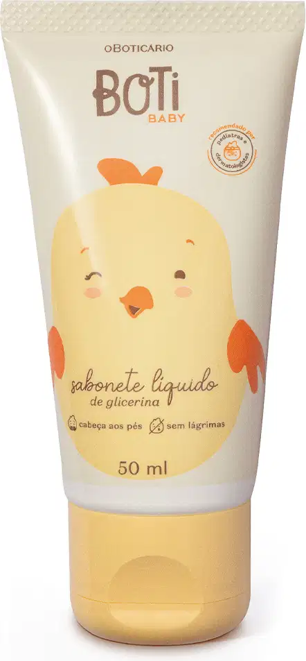 Bisnaga branca com tampa amarela e ilustração de um pintinho amarelo e laranja no rótulo contendo 50ml de sabonete líquido glicerinado Boti Baby.