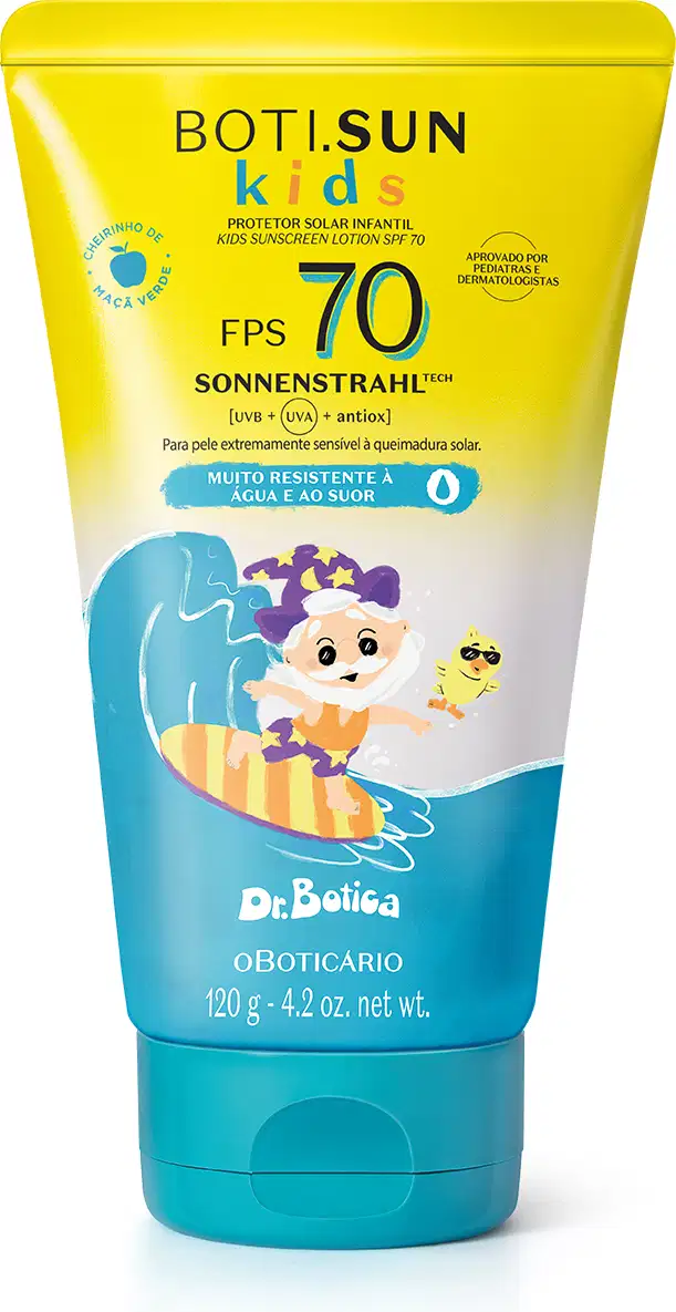 Imagem de embalagem amarela e azul de protetor solar infantil Boti Sun Kids com FPS 70 com rótulo ilustrado de personagens da marca Dr. Botica.