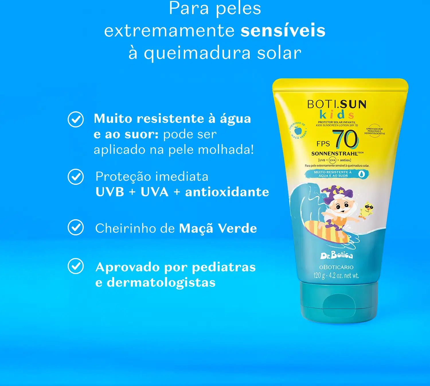 Imagem de embalagem amarela e azul de protetor solar infantil Boti Sun Kids com FPS 70 Dr. Botica em fundo azul e texto em branco informando os benefícios do produto.