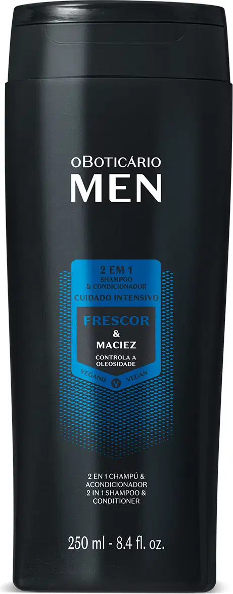 Frasco preto com detalhes azuis e letras brancas contendo 250ml de shampoo e condicionador 2 em 1 da marca Men.
