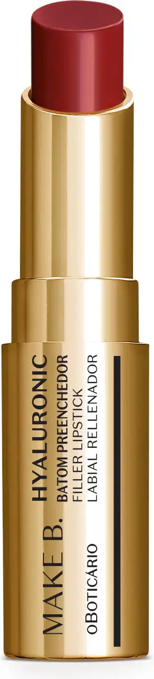 Batom preenchedor na cor Vermelho Red Classic da marca Make B. Hyaluronic em tubo dourado com letras pretas.