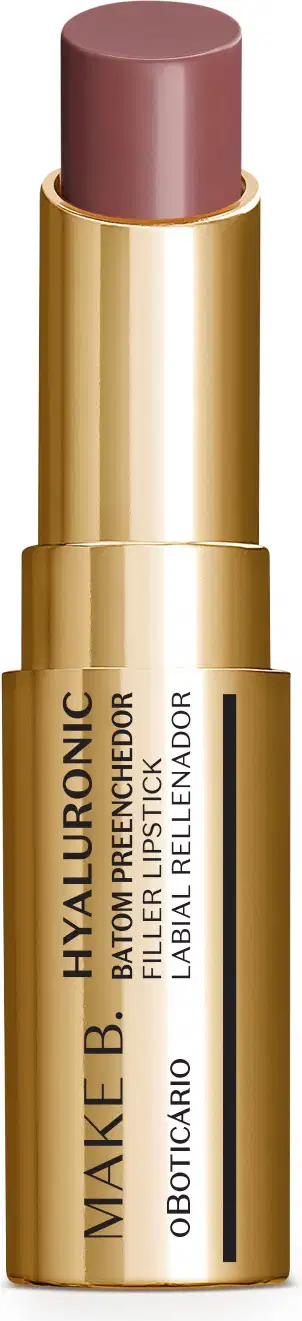 Batom preenchedor na cor Marrom Nude Chic da marca Make B. Hyaluronic em tubo dourado com letras pretas.