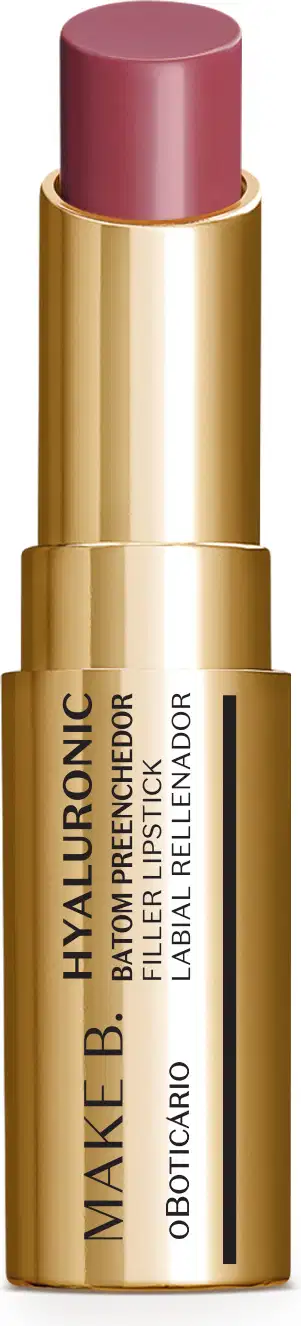 Batom preenchedor na cor Rosa Rose Blush da marca Make B. Hyaluronic em tubo dourado com letras pretas.