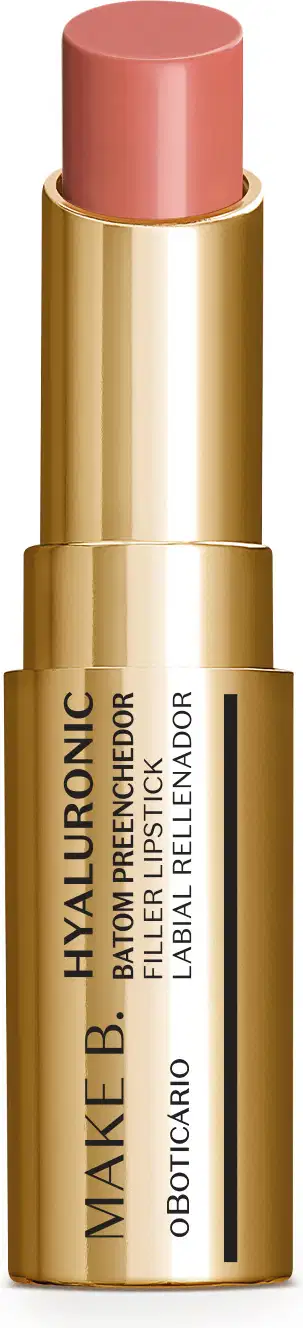 Batom preenchedor na cor Marrom Candy Tofee da marca Make B. Hyaluronic em tubo dourado com letras pretas.