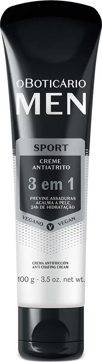 Bisnaga preta e branca com detalhes cinza contendo 100g de creme antiatrito 3 em 1 da marca Men Sport.