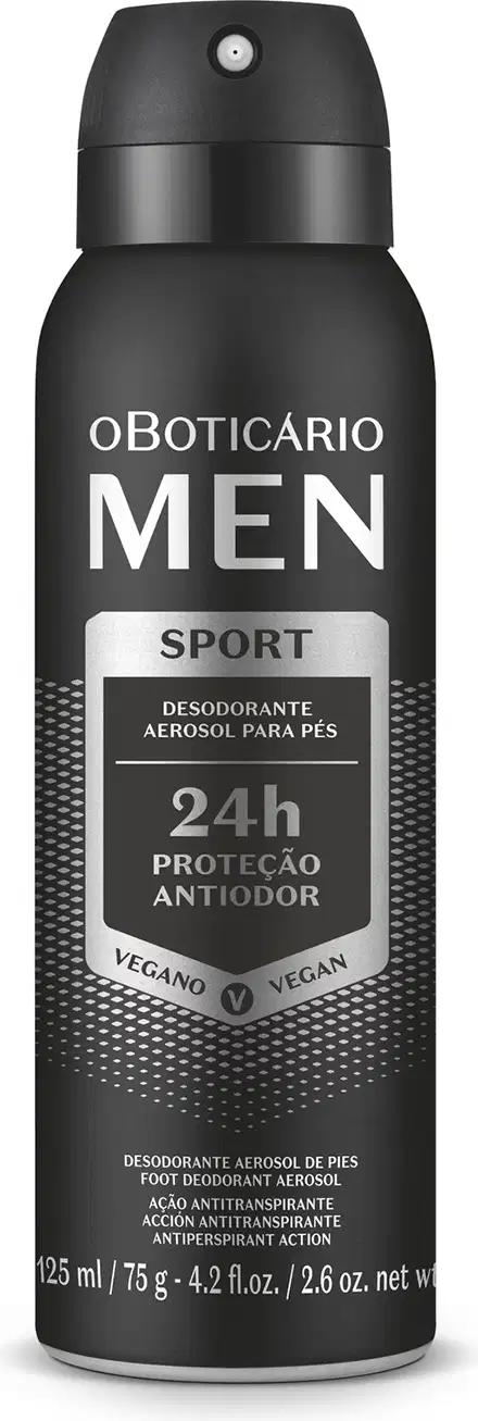 Frasco preto com detalhes prateados e letras brancas contendo 125ml/75g de desodorante aerossol para os pés da marca Men Sport.