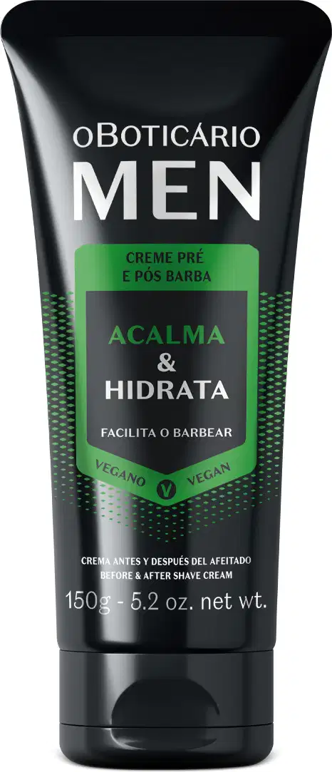 Frasco preto com detalhe verde e letras brancas contendo 150g de creme pré e pós barba da marca Men.