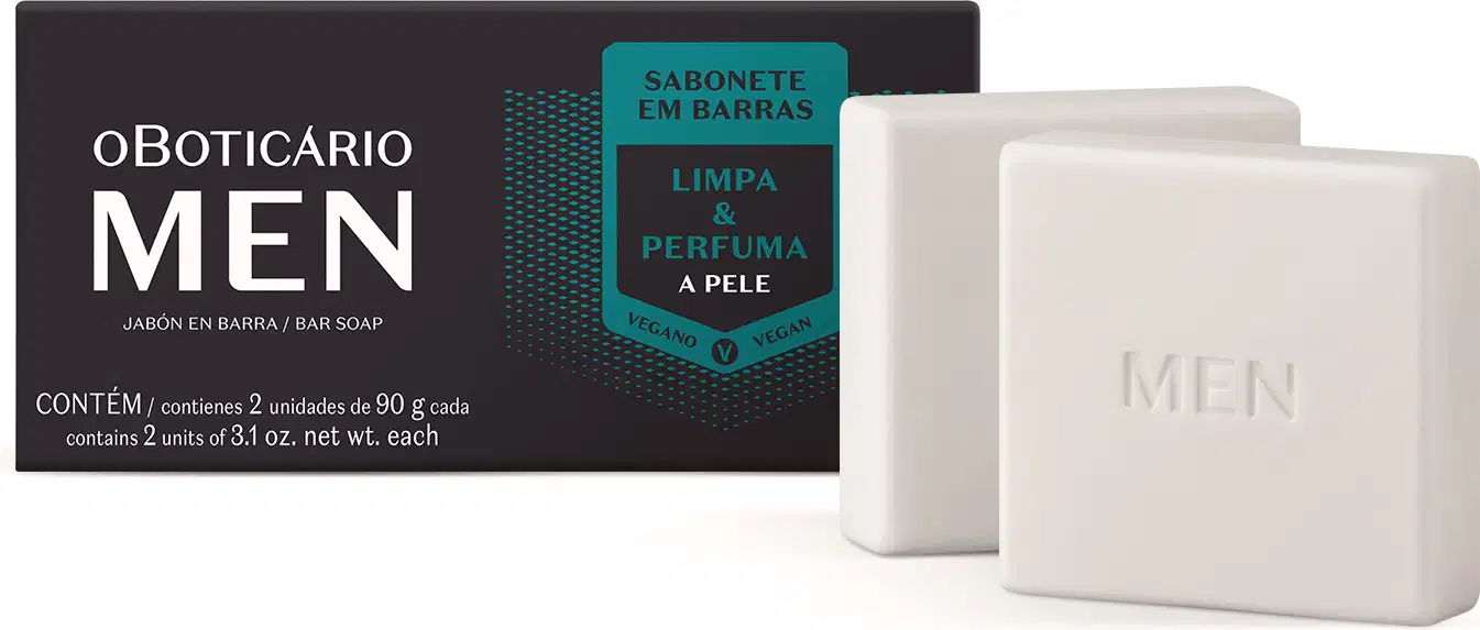 Dois sabonetes em barra na cor branca contendo 90g cada um e, atrás dos itens, a caixa dos produtos na cor preta com detalhes azuis e letras brancas.