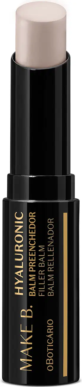 Balm labial preenchedor da marca Make B. Hyaluronic na cor branca com tudo e tampa pretos e letras gravadas na embalagem em letras douradas.