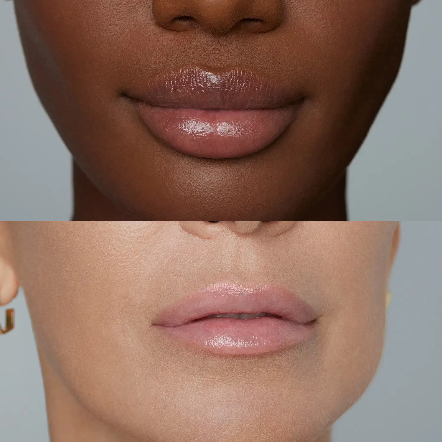 Imagem dividida em duas horizontalmente, trazendo parte de rostos femininos, um de pele negra e outro de pele branca usando o balm labial rreenchedor Make B. Hyaluronic e evidenciando os lábios hidratados e brilhantes.