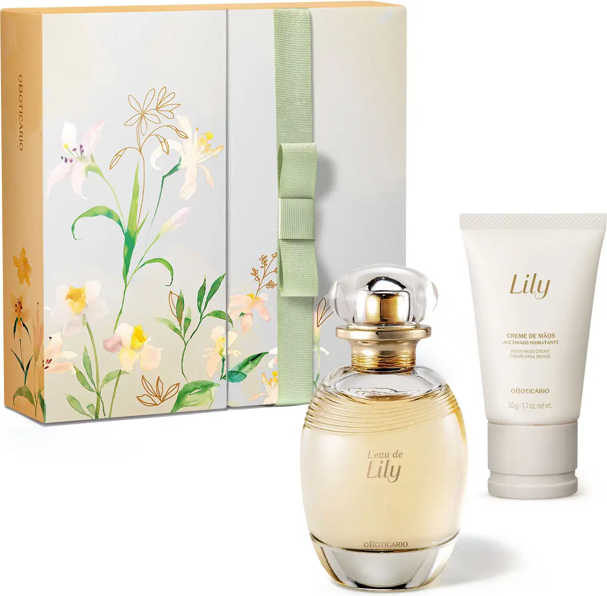 Caixa com ilustração de flores e folhagens coloridas, acompanhada de dois itens da marca L'eau de Lily: vidro oval com líquido bege e tampa dourada de desodorante colônia e frasco branco com tampa bege e letras douradas de creme de mãos.