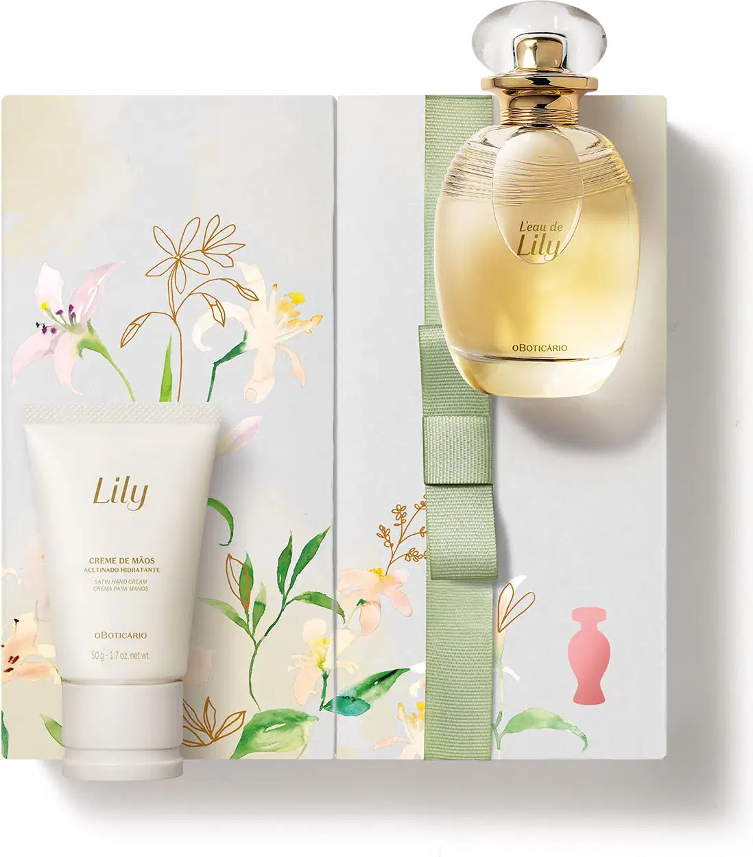 Caixa com ilustração de flores e folhagens coloridas, acompanhada de dois itens da marca L'eau de Lily: vidro oval com líquido bege e tampa dourada de desodorante colônia e frasco branco com tampa bege e letras douradas de creme de mãos.