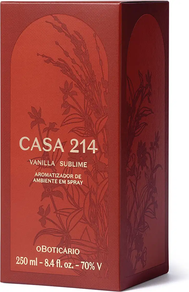 Caixa laranja escuro com letras douradas que contém um aromatizador de ambientes em spray da marca Casa 214 Vanilla Sublime.