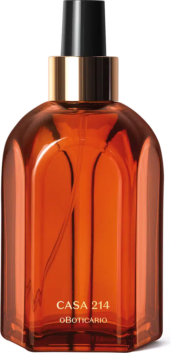Vidro laranja de tampa spray preta com detalhe e letras douradas contendo 250ml de aromatizador de ambientes Casa 214 Vanilla Sublime.