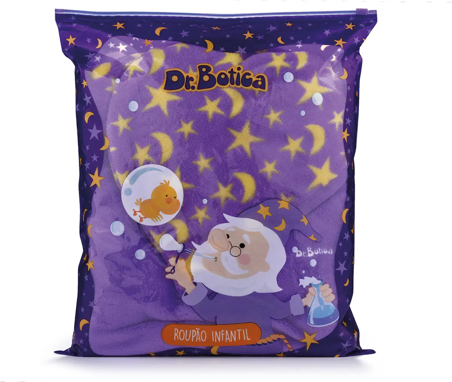 Embalagem roxa com estrelas e luas amarelas, contendo roupão infantil da marca Dr. Botica com ilustrações de personagens.