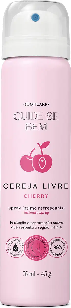 Frasco rosa claro com tampa branca, letras pretas e cerejas vermelhas ilustradas no rótulo contendo 75ml de spray íntimo refrescante Cuide-se Bem Cereja Livre.