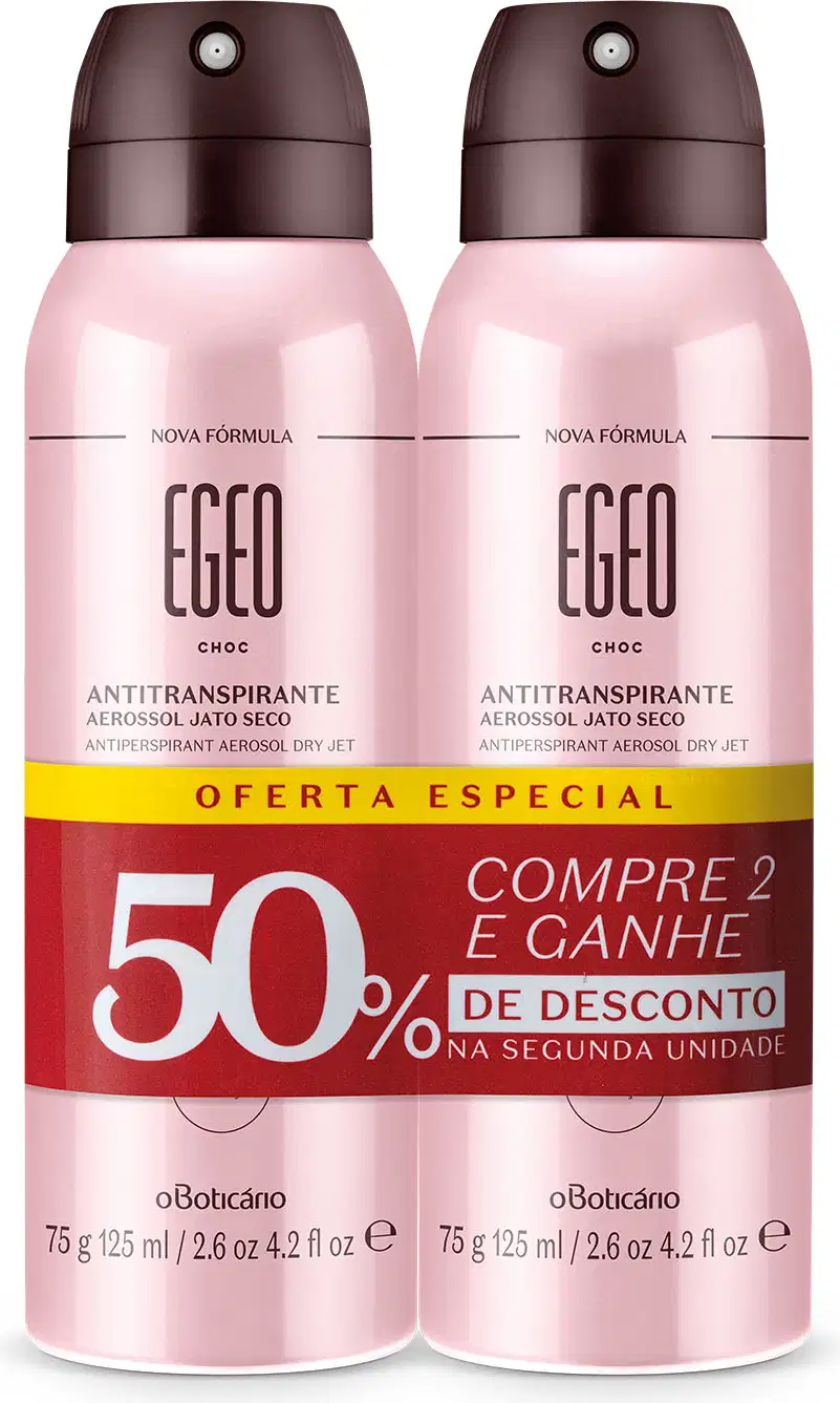 Dois frascos na cor rosa metalizado com tampas e letras pretas contendo, em cada um deles, 75g/125ml de desodorante antitranspirante aerossol da marca Egeo Choc. Há rótulo vermelho em volta deles indicando promoção de 50% de desconto na segunda unidade.
