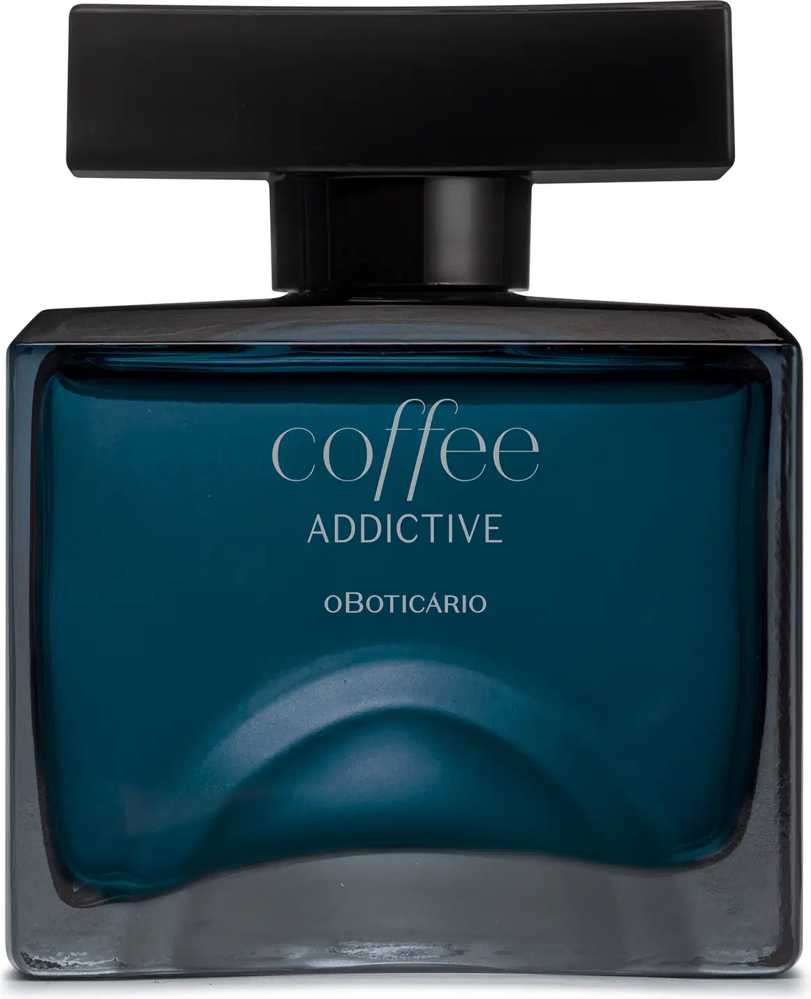 Vidro quadrado azul com tampa retangular preta e rótulo com letras cinzas contendo 100ml de desodorante colônia Coffee Addictive Oriental Aromático.